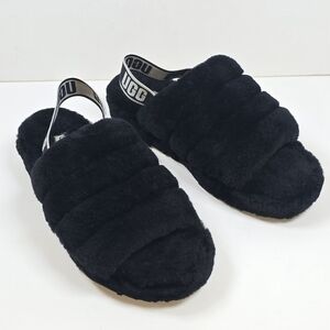 UGG Fluff Yeah Black Shearling Slippers Cozy Fur Slide Sandals Sz.10 Lounge Wear